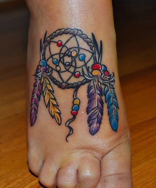 Classic Colored Dreamcatcher Tattoo On Right Foot